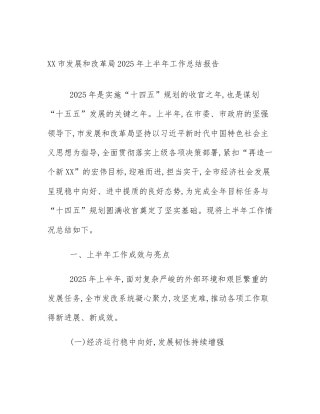 XX市发展和改革局2025年上半年工作总结报告