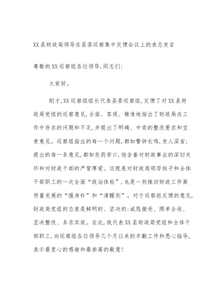 XX县财政局领导在县委巡察集中反馈会议上的表态发言