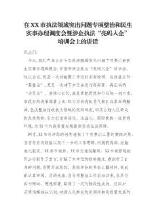 在XX市执法领域突出问题专项整治和民生实事办理调度会暨涉企执法“亮码入企”培训会上的讲话