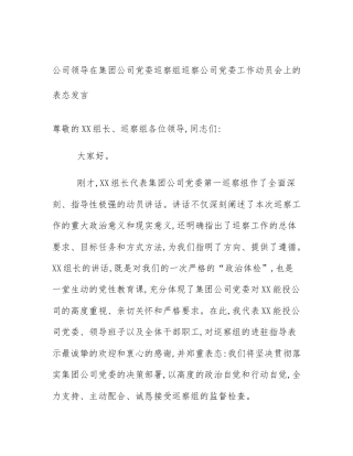 公司领导在集团公司党委巡察组巡察公司党委工作动员会上的表态发言