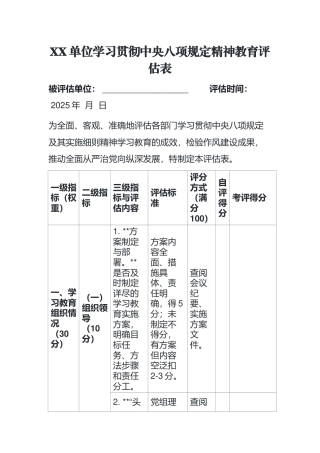 XX单位学习贯彻中央八项规定精神教育评估表