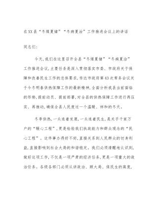 在XX县“冬煤夏储”“冬病夏治”工作推进会议上的讲话