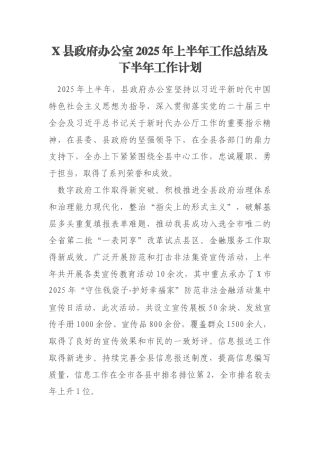 X县政府办公室2025年上半年工作总结及下半年工作计划