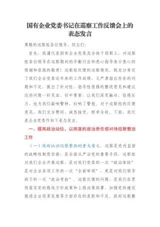 国有企业党委书记在巡察工作反馈会上的表态发言