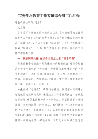 市委学习教育工作专班综合组工作汇报