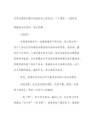 在作风建设专题评估座谈会上的发言：三个感受、三道防线