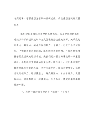 专题党课：增强基层党组织的组织功能，推动基层党建高质量发展