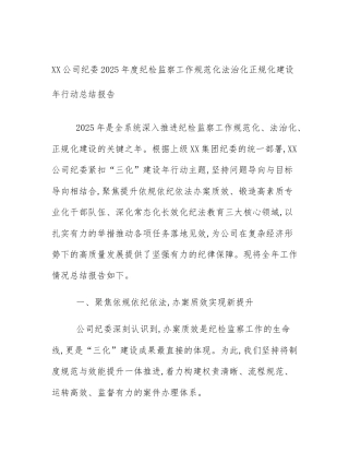XX公司纪委2025年度纪检监察工作规范化法治化正规化建设年行动总结报告