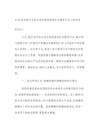 在XX省洗染行业协会党支部党规党纪专题学习会上的讲话