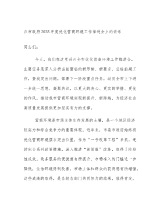 在市政府2025年度优化营商环境工作推进会上的讲话