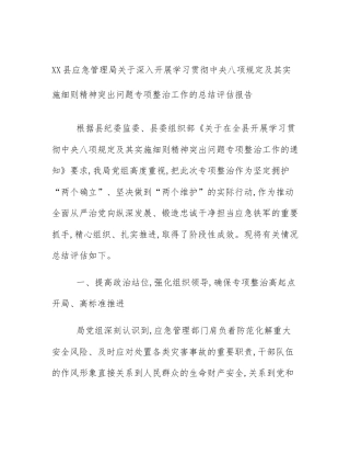 XX县应急管理局关于深入开展学习贯彻中央八项规定及其实施细则精神突出问题专项整治工作的总结评估报告