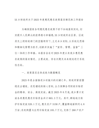 XX乡财政所关于2025年度惠民惠农政策落实情况的工作报告