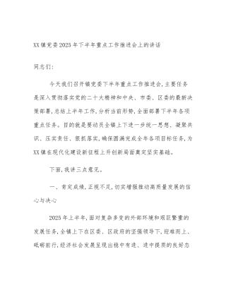 XX镇党委2025年下半年重点工作推进会上的讲话