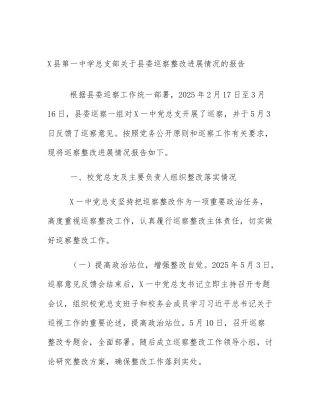 X县第一中学总支部关于县委巡察整改进展情况的报告