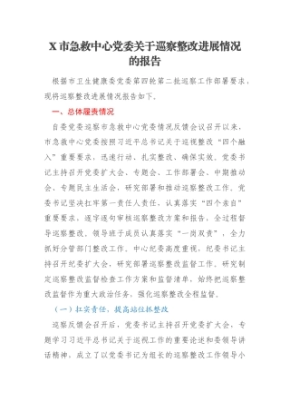 X市急救中心党委关于巡察整改进展情况的报告