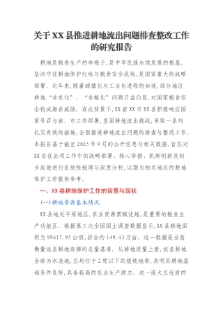 关于XX县推进耕地流出问题排查整改工作的研究报告