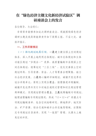 在“绿色经济主题文化新经济试验区”调研座谈会上的发言