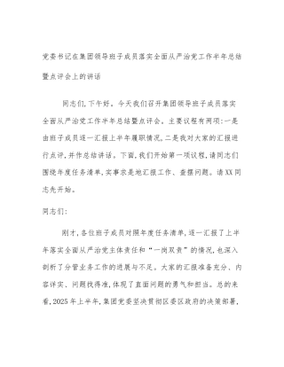 党委书记在集团领导班子成员落实全面从严治党工作半年总结暨点评会上的讲话
