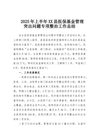 2025年上半年XX县医保基金管理突出问题专项整治工作总结