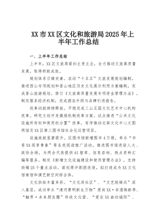 XX市XX区文化和旅游局2025年上半年工作总结