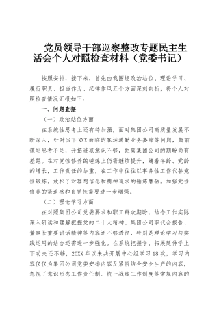 党员领导干部巡察整改专题民主生活会个人对照检查材料（党委书记）