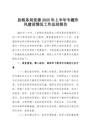 县税务局党委2025年上半年专题作风建设情况工作总结报告