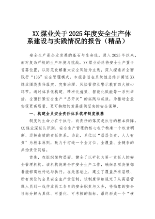 XX煤业关于2025年度安全生产体系建设与实践情况的报告（精品）