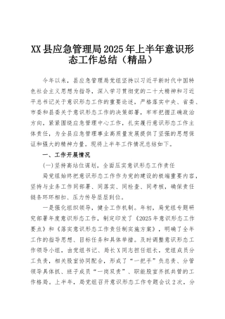 XX县应急管理局2025年上半年意识形态工作总结（精品）