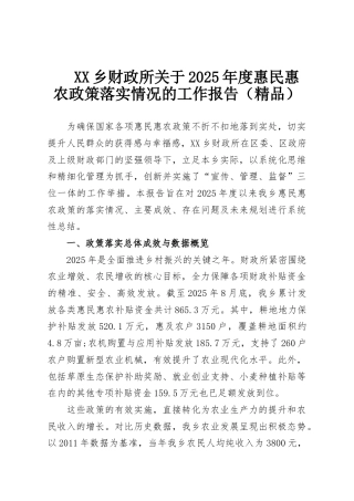 XX乡财政所关于2025年度惠民惠农政策落实情况的工作报告（精品）