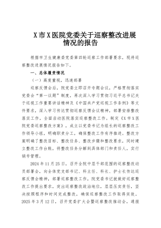 X市X医院党委关于巡察整改进展情况的报告
