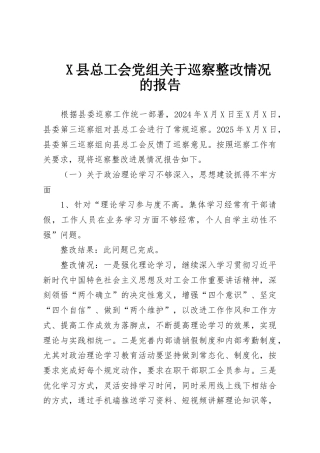 X县总工会党组关于巡察整改情况的报告