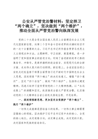 公安从严管党治警材料：坚定捍卫“两个确立”，坚决做到“两个维护”，推动全面从严管党治警向纵深发展