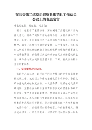 在县委第二巡察组巡察县供销社工作动员会议上的表态发言