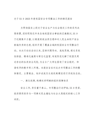 关于XX乡2025年度校园安全专项整治工作的情况报告