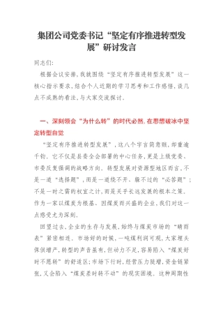 集团公司党委书记“坚定有序推进转型发展”研讨发言