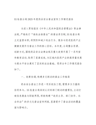 XX检查分局2025年度药品安全普法宣传工作情况报告
