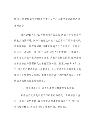 XX市应急管理局关于2025年度安全生产治本攻坚行动推进情况的报告