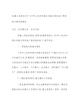 XX镇人民政府关于《中华人民共和国乡村振兴促进法》贯彻执行情况的报告