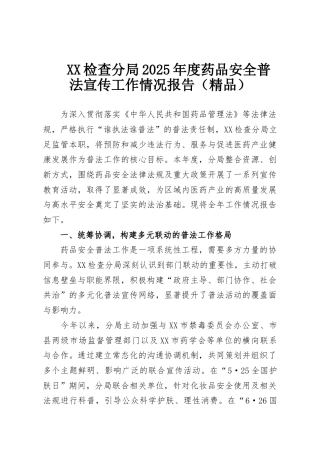 XX检查分局2025年度药品安全普法宣传工作情况报告（精品）