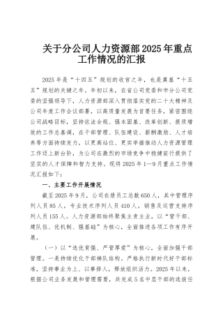 关于分公司人力资源部2025年重点工作情况的汇报