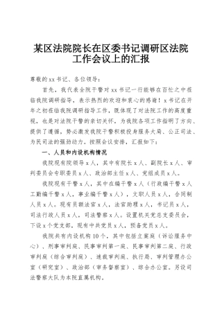 某区法院院长在区委书记调研区法院工作会议上的汇报