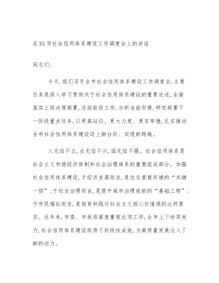 在XX市社会信用体系建设工作调度会上的讲话