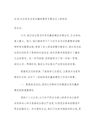 在XX水业党总支党风廉政建设专题会议上的讲话