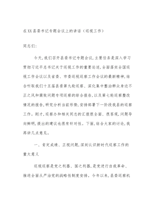 在XX县委书记专题会议上的讲话（巡视工作）