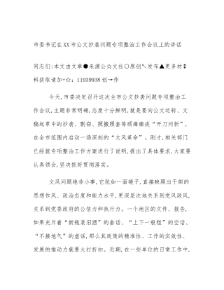 市委书记在XX市公文抄袭问题专项整治工作会议上的讲话