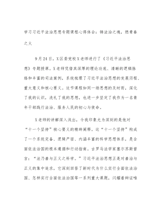 学习习近平法治思想专题课程心得体会：铸法治之魂，燃青春之火
