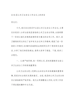 在XX县公共卫生安全工作会议上的讲话