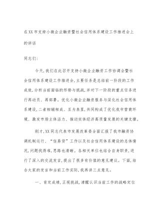 在XX市支持小微企业融资暨社会信用体系建设工作推进会上的讲话