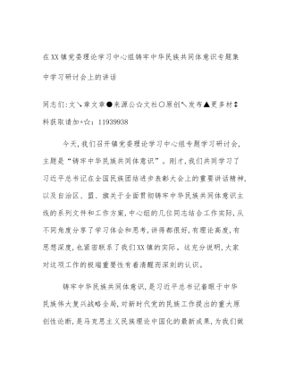 在XX镇党委理论学习中心组铸牢中华民族共同体意识专题集中学习研讨会上的讲话