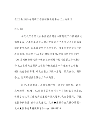 在XX县2025年两项工作机制推进部署会议上的讲话